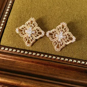 Vintage Hollow Rhombus Flower Stud Earrings With Zircon And Silver Earring Post Luxury Retro Jewelry For Women