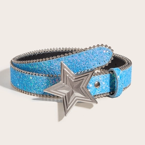 Sky blue glitter belt with star buckle made of faux leather for women fashion
