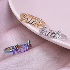 Minimalist 304 stainless steel adjustable faith letter rings in gold, silver, and rainbow