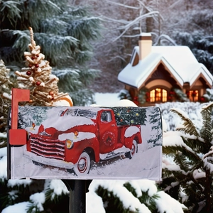 Outdoor Christmas mailbox cover with festive red truck carrying a tree in snow