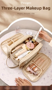 Detailed interior of double zipper makeup bag with brush slots and marble table setting