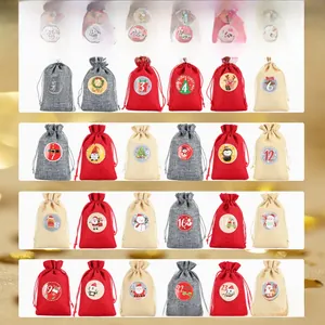 Detail of 24 Christmas advent burlap bags with numbered felt patterns and 2m fairy lights