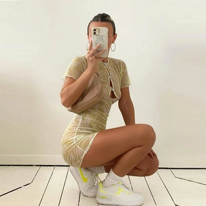Short sleeve slim fit mini dress with light green and white marble pattern design
