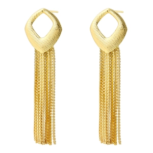 Detail of gold geometric hollow earrings featuring textured diamond shape and long tassel chains
