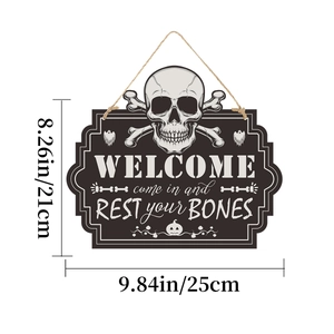 Halloween Welcome wooden sign with skull and bones decor, 21x25cm hanging porch plaque