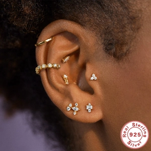 S925 sterling silver geometric stud earring set with sparkling zircon on ear model