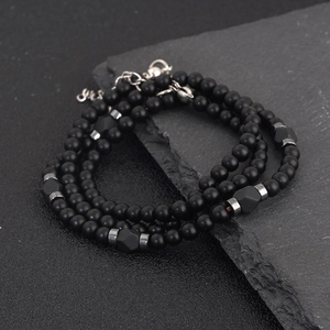 Collier Perles Pierre Naturelle Pour Homme Agate Noire Roche Volcanique Accents Alliage Hexagonal Bijoux Mode Rétro