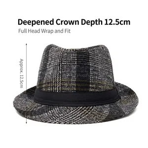 Classic British plaid fedora hat for men in grey and black with 12.5cm depth detail