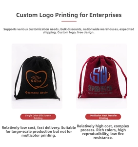 Detail of premium velvet drawstring pouches in black and red with custom screen printing