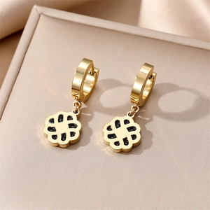 Elegant gold stainless steel hoop earrings with hollow star flower and black enamel inlay