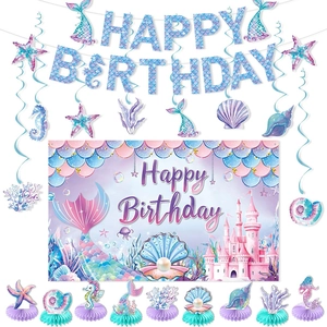 Mermaid Theme Birthday Party Decorations Cardboard Banner Hanging Swirls Cake Toppers Ocean Backdrop Polyester Honeycomb