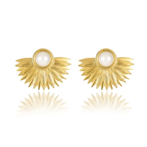 Elegant gold fan-shaped stainless steel earrings with pearl inlay and radiant ray texture
