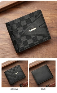Close-up of black leather wallet showing checkered texture and metal logo details