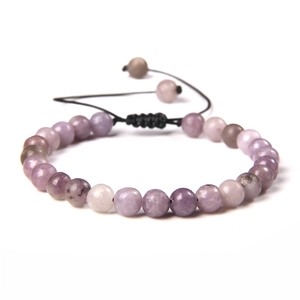 Detail of 6mm purple quartz beads and black adjustable braided cord closure