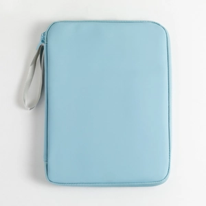 Close-up of waterproof light blue tablet sleeve showing smooth PU texture and grey hand strap