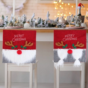 Close-up of reindeer sequin chair cover with 3D antlers and plush beard for Xmas decor