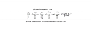 Detailed size chart for double-breasted trench coat with S, M, L dimensions and weight