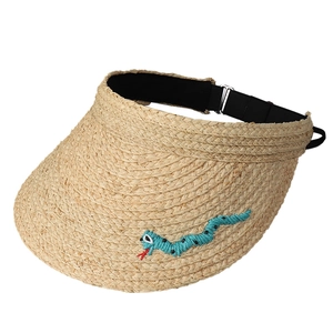 Mint green straw sun visor with cartoon embroidery and adjustable strap for UV protection