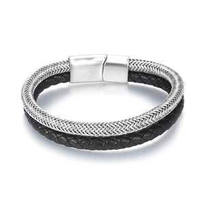 Double-layer men's braided leather bracelet with silver steel mesh and magnetic clasp