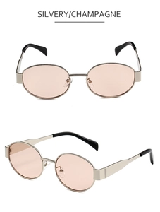 Detailed views of vintage oval metal sunglasses in champagne gold with tinted lenses