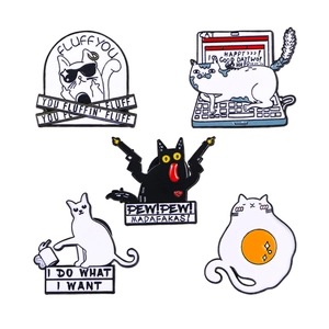 Set of five quirky cartoon cat enamel pins featuring humorous quotes and cat illustrations