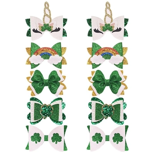 St. Patrick's Day glitter hair clips set with shamrock and unicorn bows for girls