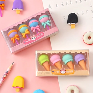 Creative dessert-shaped eraser set featuring lollipop and ice cream designs in a 4-pack box