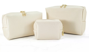 Detail view of portable multi-size PU cosmetic bags set for travel, waterproof pouch.