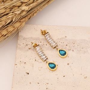 Gold stainless steel earrings featuring blue teardrop stones and zircon accents on stone