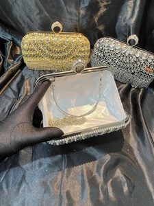 Sparkling rhinestone evening clutch bags in gold, black and silver with metal chain