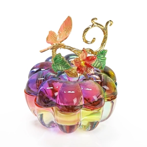 Octagonal gradient crystal glass nail cup with ornate golden butterfly flower lid
