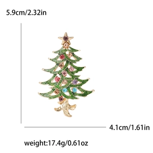Christmas tree brooch with green enamel and multicolor crystals showing size dimensions
