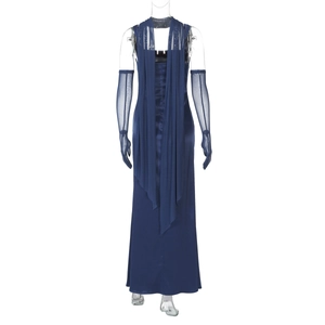 Detail of dark blue evening dress back with mesh gloves and matching long shawl decor