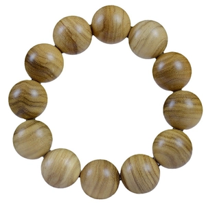 Polished natural wood bead bracelet with 12 round beads showing fine textures on white background