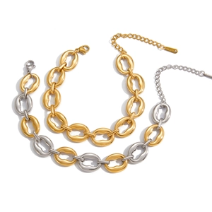 Polished titanium steel chain bracelets in gold and two-tone finishes on white background