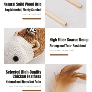 Interactive cat toy wand with wooden handle, hemp mouse, bell and natural feathers