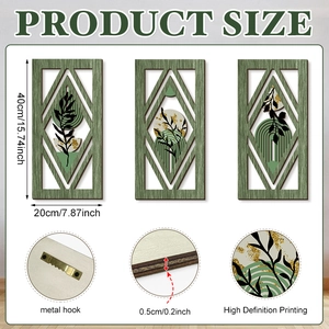 Three-piece diamond wood wall art set with green leaf patterns and gold splatter