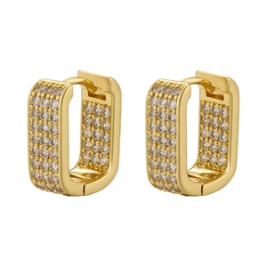 French minimalist gold rectangular hoop earrings with pavé set cubic zirconia stones