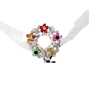Colorful rhinestone flower wreath brooch in silver metal for scarves and dresses