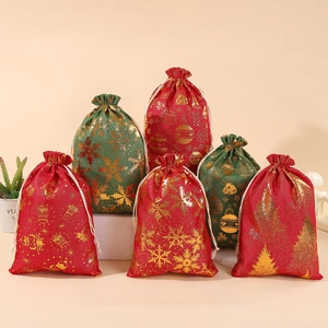 Christmas Gift Bags Linen Burlap Drawstring Pockets Hot Stamping Gold Pattern For Holiday Party Packaging