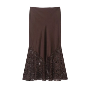 Elegant brown satin midi skirt with delicate lace trim hem and smooth glossy finish