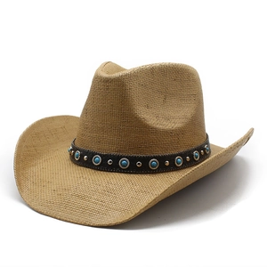 Classic straw cowboy hat with turquoise beads and metallic rivets on black leather band