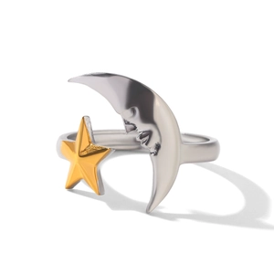 Detailed close-up of a silver crescent moon with face relief and a gold star ring