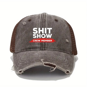 Distressed SHIT SHOW baseball cap in grey and brown with vintage ripped brim detail