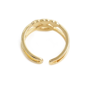 Detailed macro view of heart-shaped zircon arrangement on gold open ring band