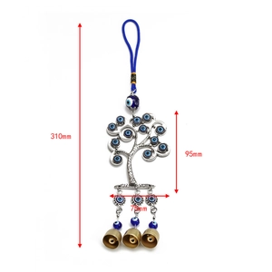 Detail view of Evil Eye Tree of Life wall hanging with dimensions 310mm and golden bells