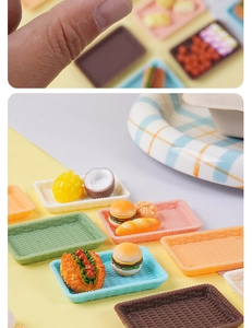 Macro view of 5cm dollhouse miniature rectangular trays with assorted food models