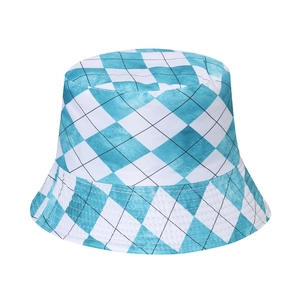 Blue and white argyle pattern bucket hat with a classic geometric sunshade design