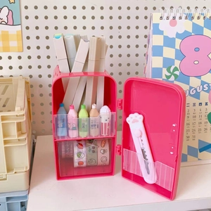 Pink refrigerator shaped desk organizer with compartments for pens and stationery