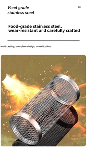 Detail of food-grade stainless steel rolling grill basket with no welding spots